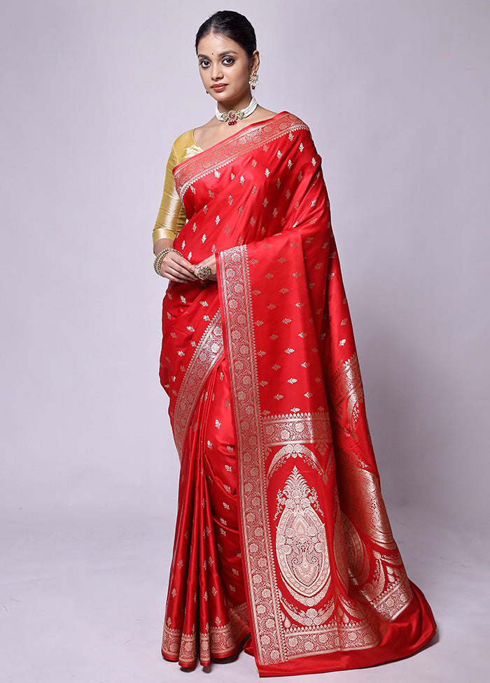 Red Banarasi Silk Saree With Blouse Piece