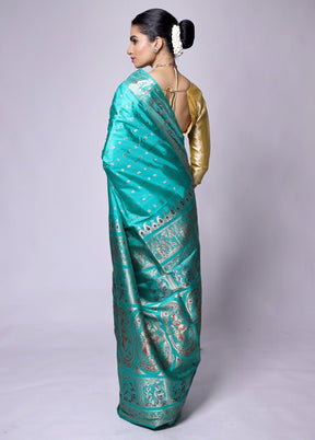 Green Handloom Baluchari Pure Silk Saree With Blouse Piece