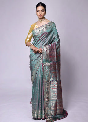 Green Handloom Baluchari Pure Silk Saree With Blouse Piece