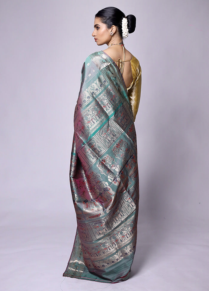 Green Handloom Baluchari Pure Silk Saree With Blouse Piece