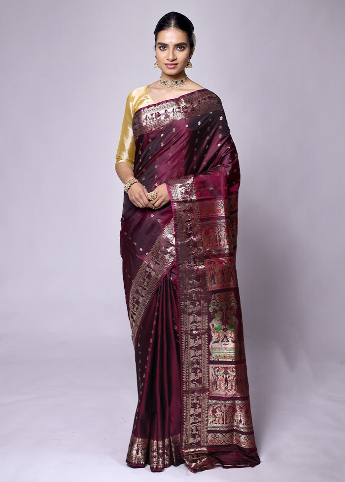 Maroon Handloom Baluchari Pure Silk Saree With Blouse Piece