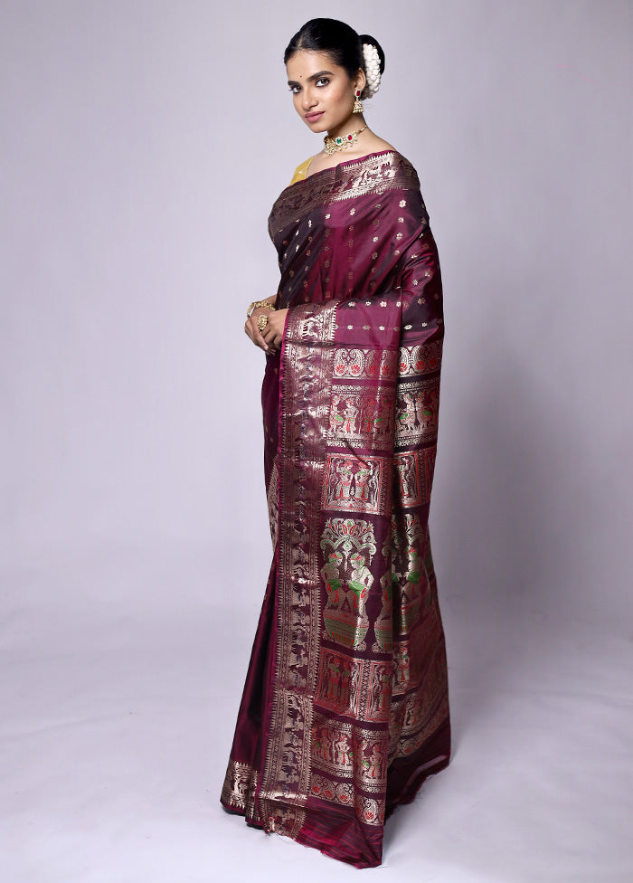 Maroon Handloom Baluchari Pure Silk Saree With Blouse Piece