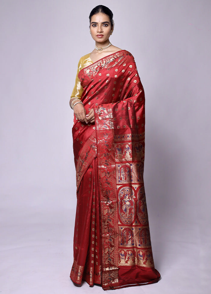 Red Handloom Baluchari Pure Silk Saree With Blouse Piece