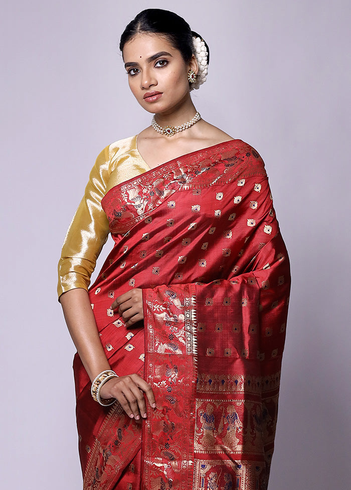 Red Handloom Baluchari Pure Silk Saree With Blouse Piece