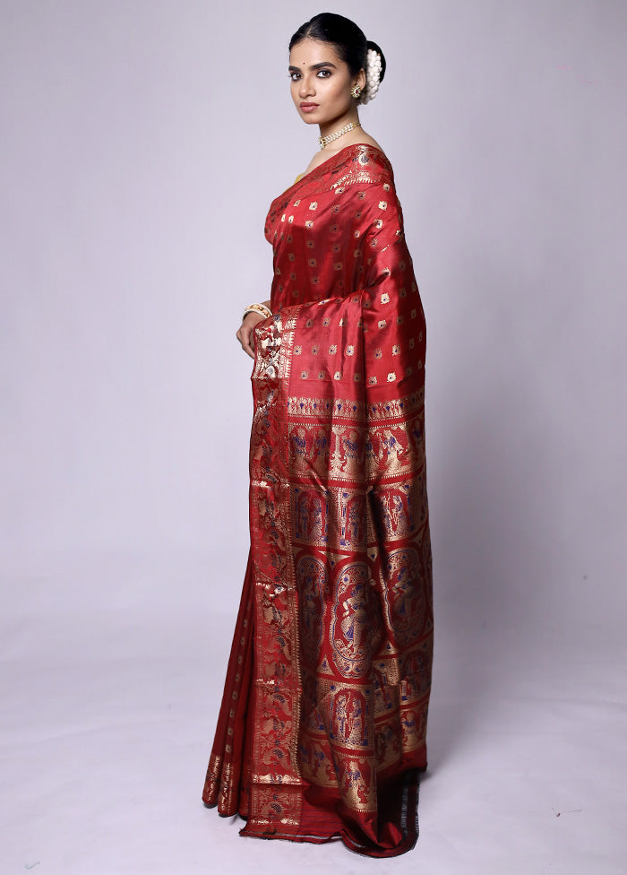 Red Handloom Baluchari Pure Silk Saree With Blouse Piece