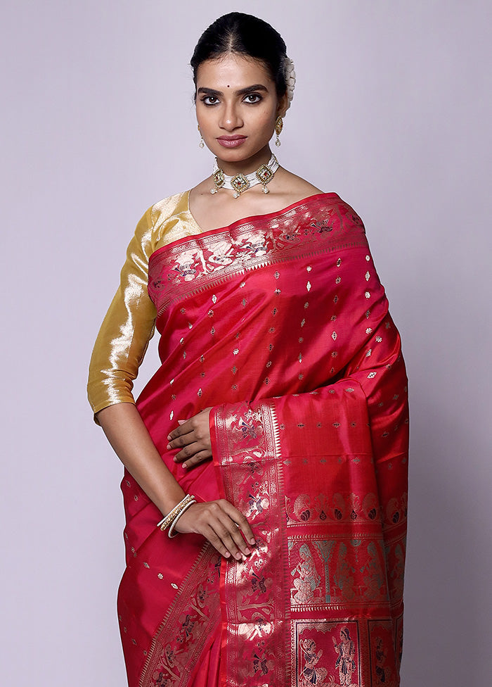 Red Handloom Baluchari Pure Silk Saree With Blouse Piece