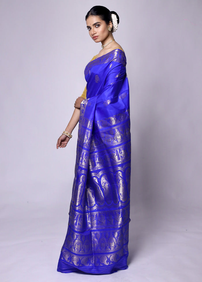 Blue Handloom Baluchari Pure Silk Saree With Blouse Piece