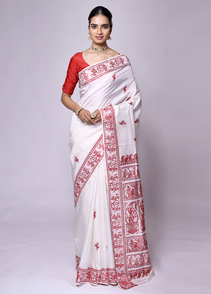 White Handloom Baluchari Pure Silk Saree With Blouse Piece