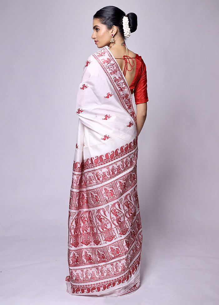 White Handloom Baluchari Pure Silk Saree With Blouse Piece