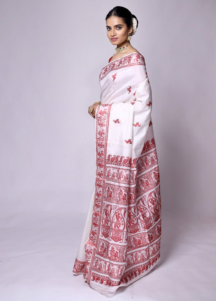 White Handloom Baluchari Pure Silk Saree With Blouse Piece