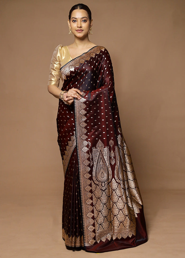 Wine Banarasi Silk Saree With Blouse Piece