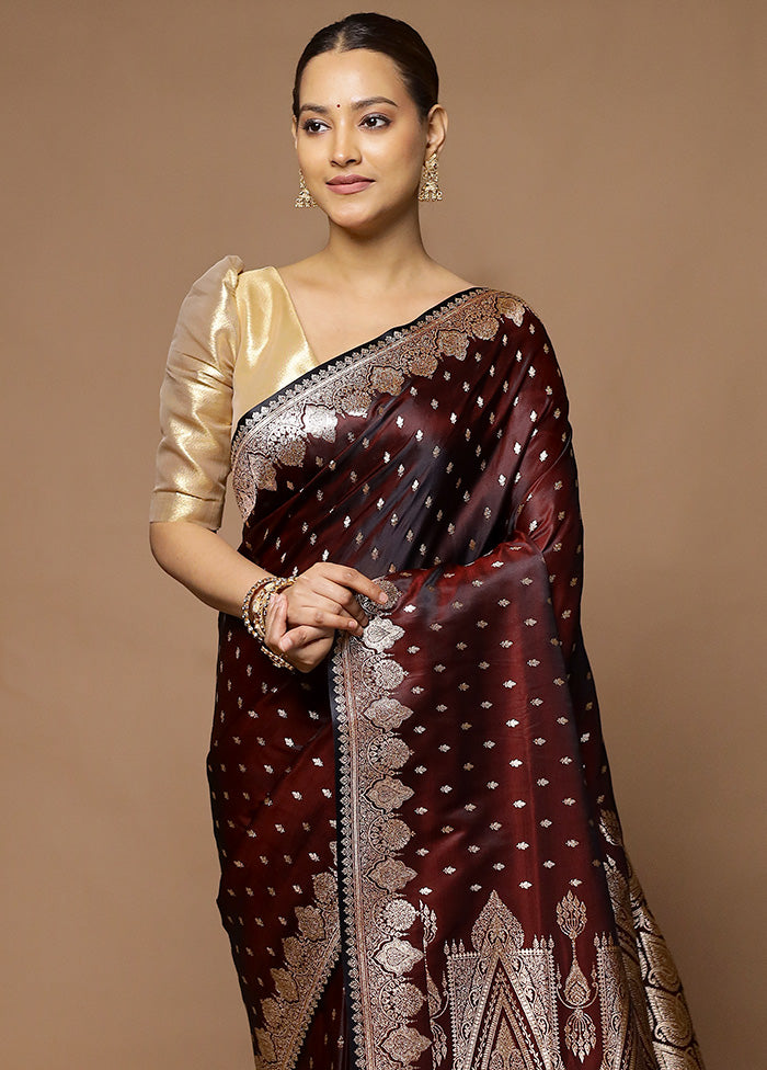 Wine Banarasi Silk Saree With Blouse Piece