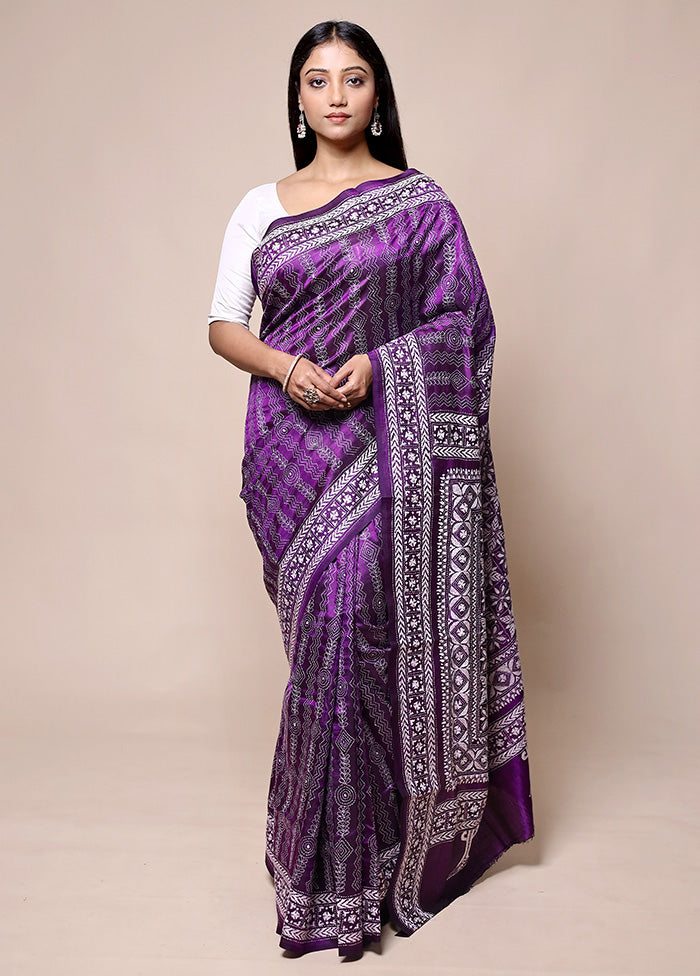 Purple Handloom Kantha Stitch Pure Silk Saree With Blouse Piece