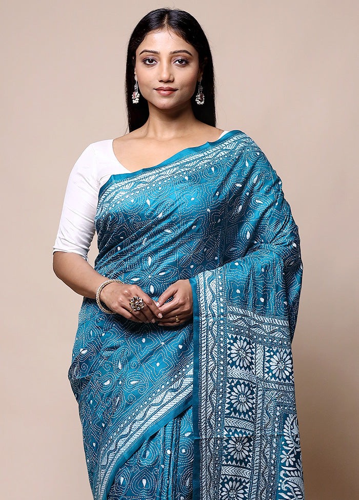 Blue Handloom Kantha Stitch Pure Silk Saree With Blouse Piece