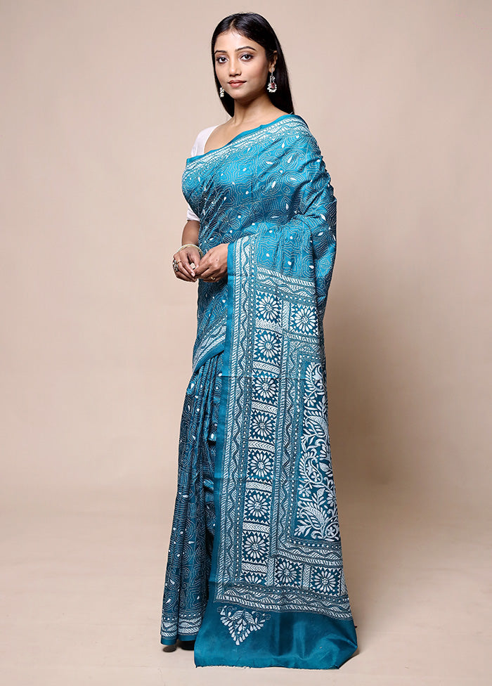 Blue Handloom Kantha Stitch Pure Silk Saree With Blouse Piece