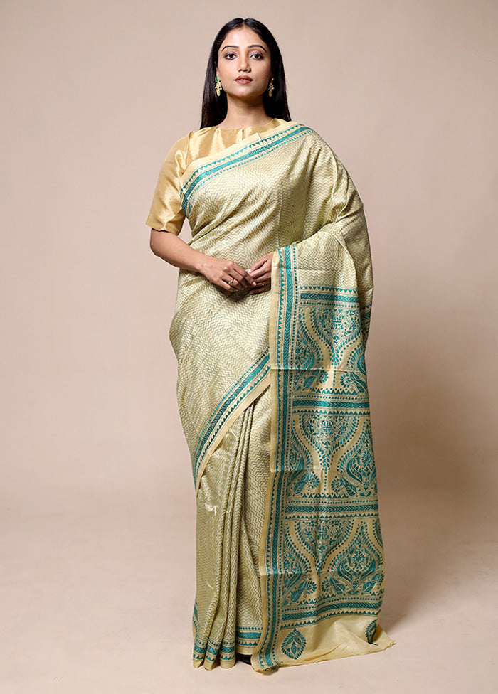 Green Handloom Kantha Stitch Pure Silk Saree With Blouse Piece