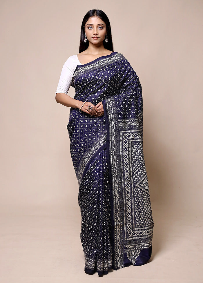 Violet Handloom Kantha Stitch Pure Silk Saree With Blouse Piece