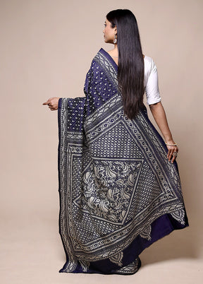 Violet Handloom Kantha Stitch Pure Silk Saree With Blouse Piece