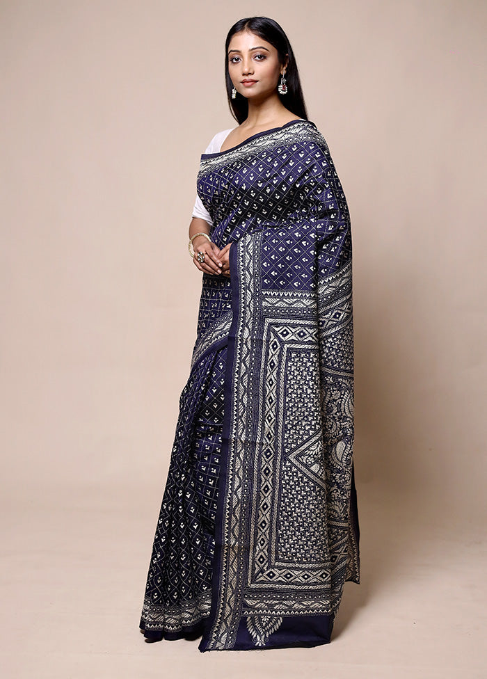 Violet Handloom Kantha Stitch Pure Silk Saree With Blouse Piece