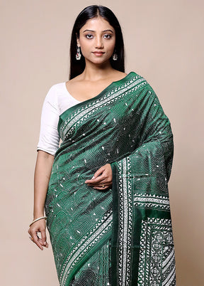 Green Handloom Kantha Stitch Pure Silk Saree With Blouse Piece