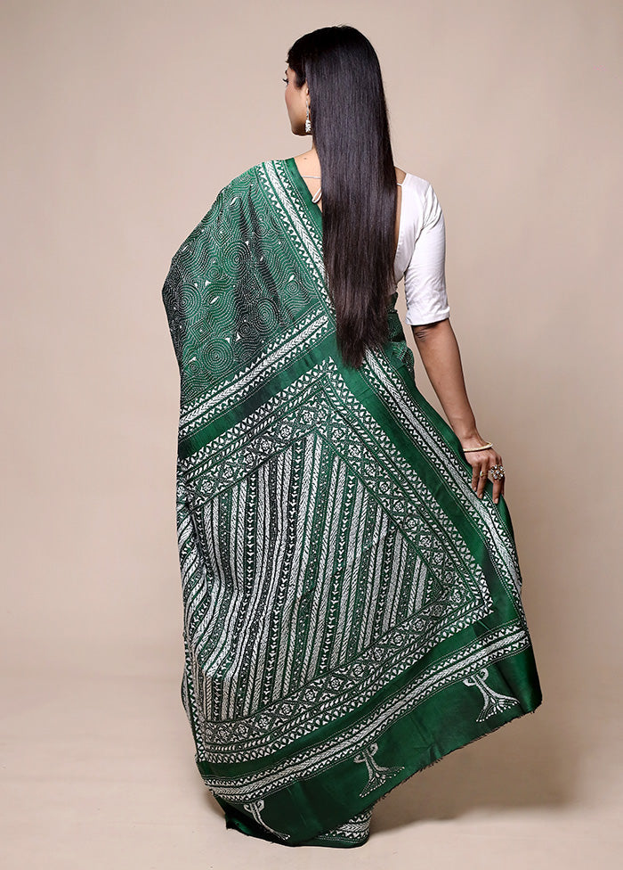 Green Handloom Kantha Stitch Pure Silk Saree With Blouse Piece