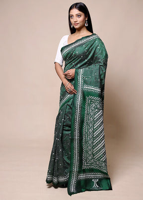 Green Handloom Kantha Stitch Pure Silk Saree With Blouse Piece