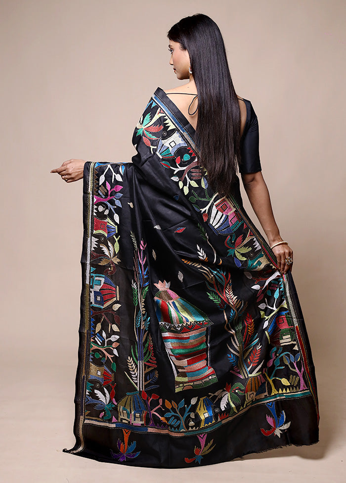 Black Handloom Kantha Stitch Pure Silk Saree With Blouse Piece