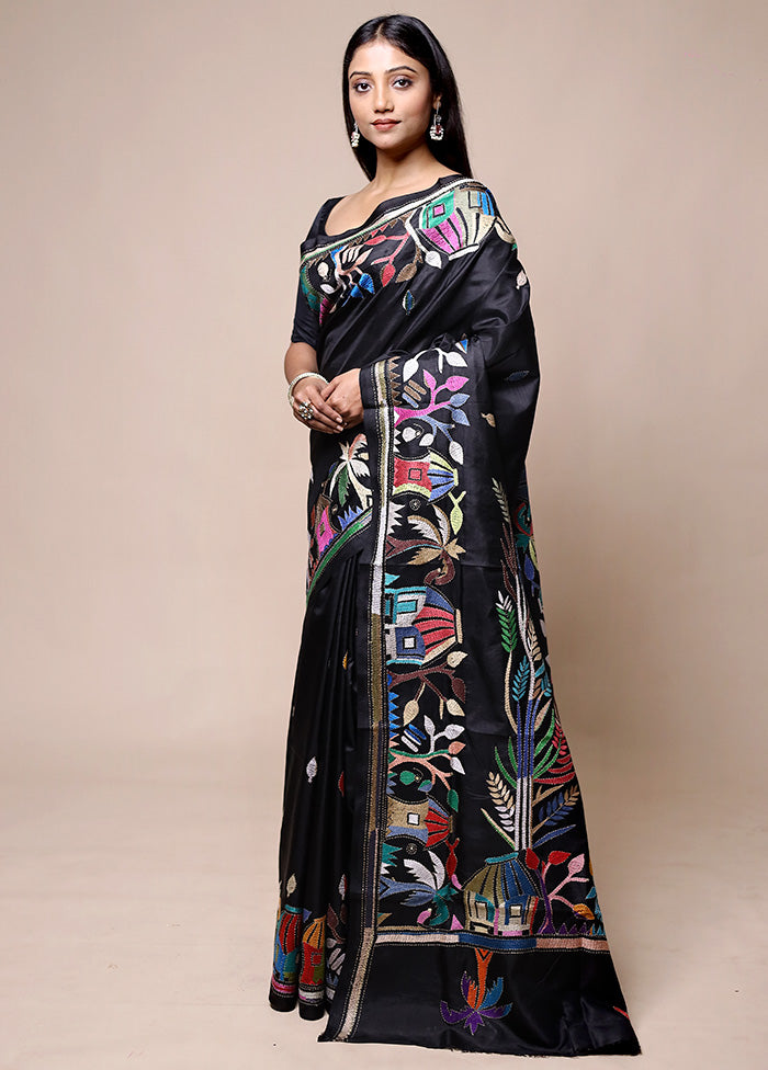 Black Handloom Kantha Stitch Pure Silk Saree With Blouse Piece