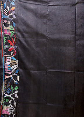 Black Handloom Kantha Stitch Pure Silk Saree With Blouse Piece