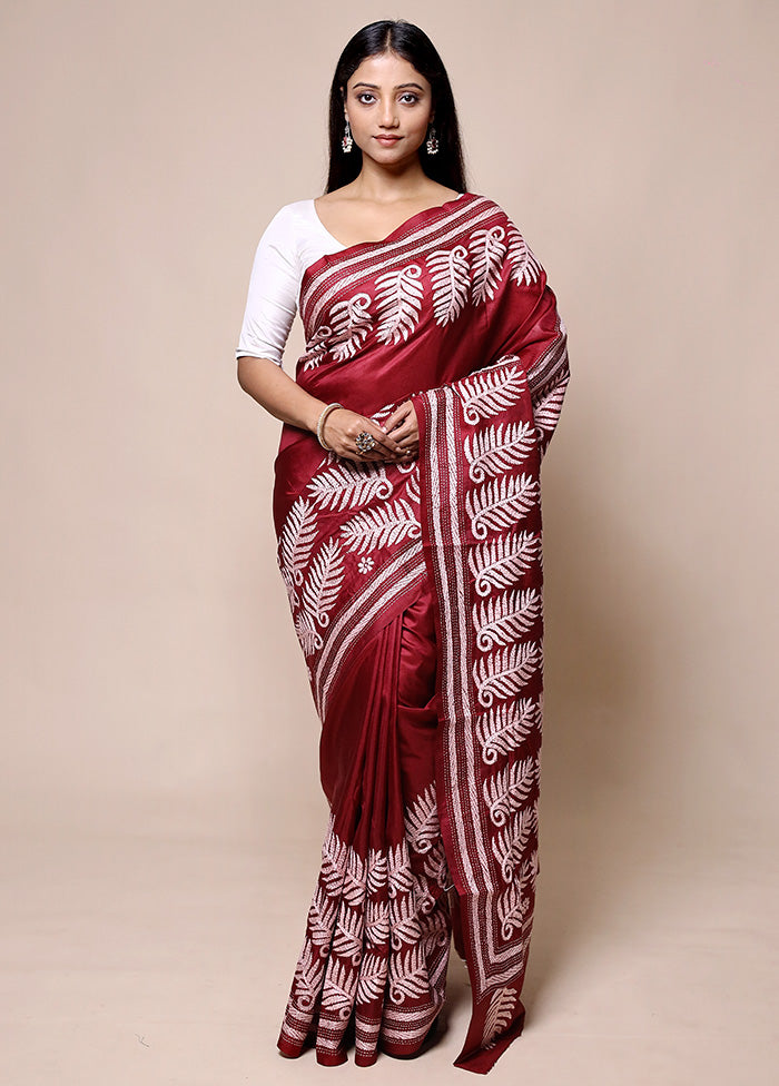 Red Handloom Kantha Stitch Pure Silk Saree With Blouse Piece