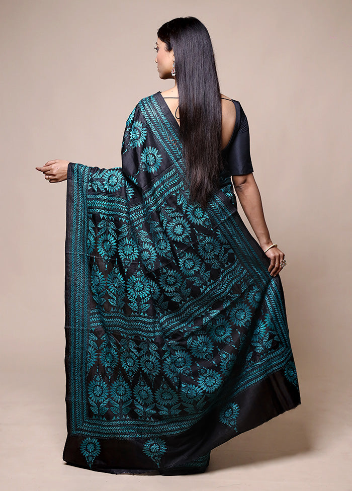 Black Handloom Kantha Stitch Pure Silk Saree With Blouse Piece