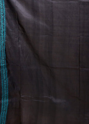 Black Handloom Kantha Stitch Pure Silk Saree With Blouse Piece