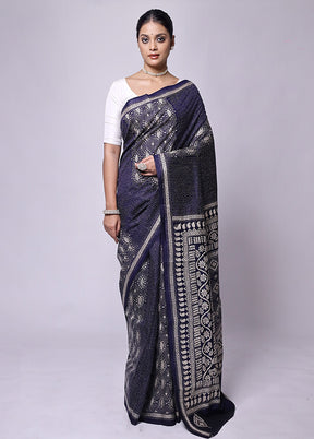 Blue Handloom Kantha Stitch Pure Silk Saree With Blouse Piece