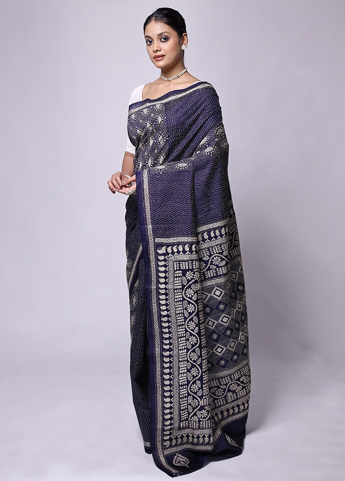 Blue Handloom Kantha Stitch Pure Silk Saree With Blouse Piece