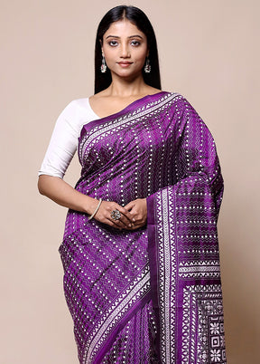 Purple Handloom Kantha Stitch Pure Silk Saree With Blouse Piece