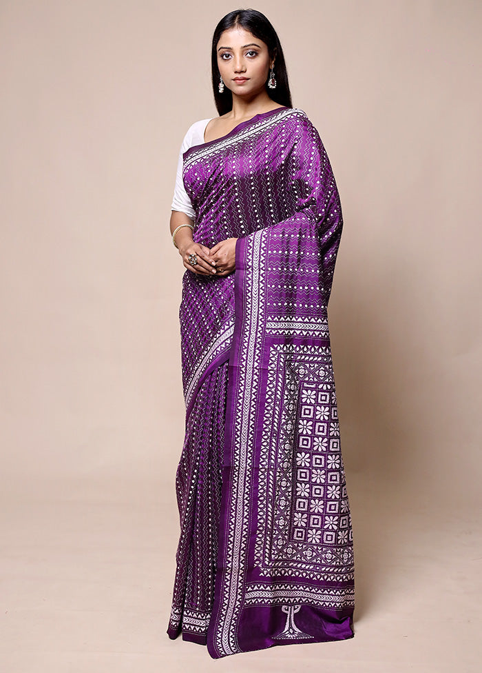 Purple Handloom Kantha Stitch Pure Silk Saree With Blouse Piece