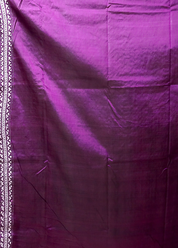 Purple Handloom Kantha Stitch Pure Silk Saree With Blouse Piece