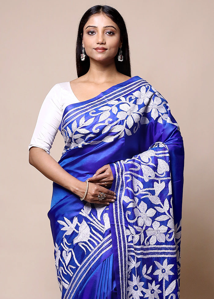 Blue Handloom Kantha Stitch Pure Silk Saree With Blouse Piece