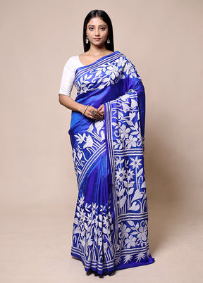 Blue Handloom Kantha Stitch Pure Silk Saree With Blouse Piece