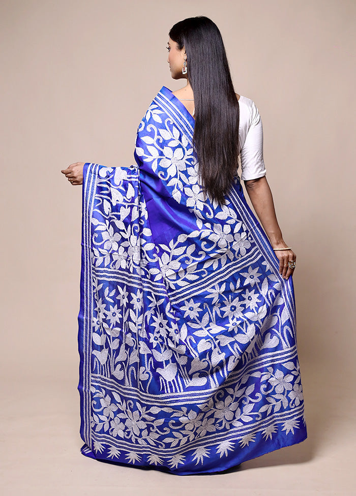 Blue Handloom Kantha Stitch Pure Silk Saree With Blouse Piece