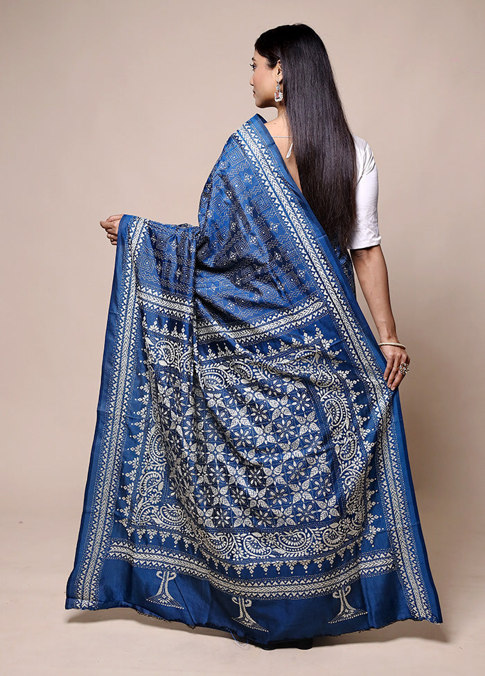 Blue Handloom Kantha Stitch Pure Silk Saree With Blouse Piece