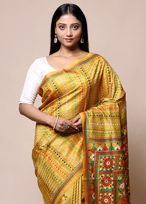 Yellow Handloom Kantha Stitch Pure Silk Saree With Blouse Piece