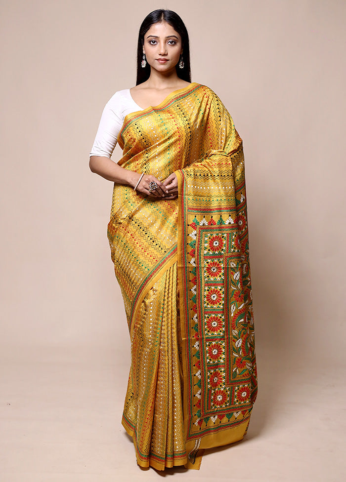 Yellow Handloom Kantha Stitch Pure Silk Saree With Blouse Piece