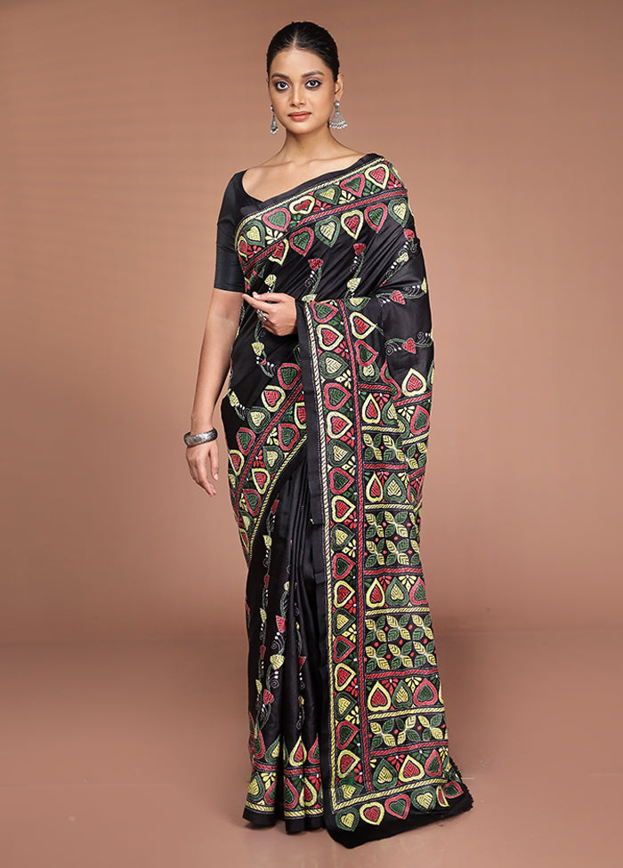 Black Handloom Kantha Stitch Pure Silk Saree With Blouse Piece