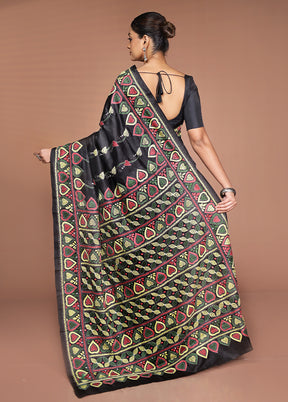 Black Handloom Kantha Stitch Pure Silk Saree With Blouse Piece