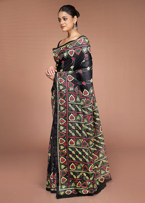 Black Handloom Kantha Stitch Pure Silk Saree With Blouse Piece