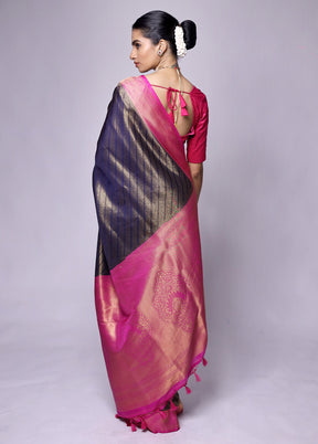 Blue Dupion Silk Saree With Blouse Piece