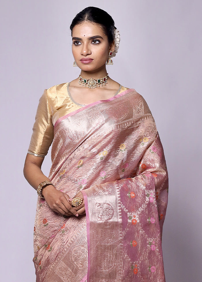 Pink Crushed Tissue Silk Saree With Blouse Piece