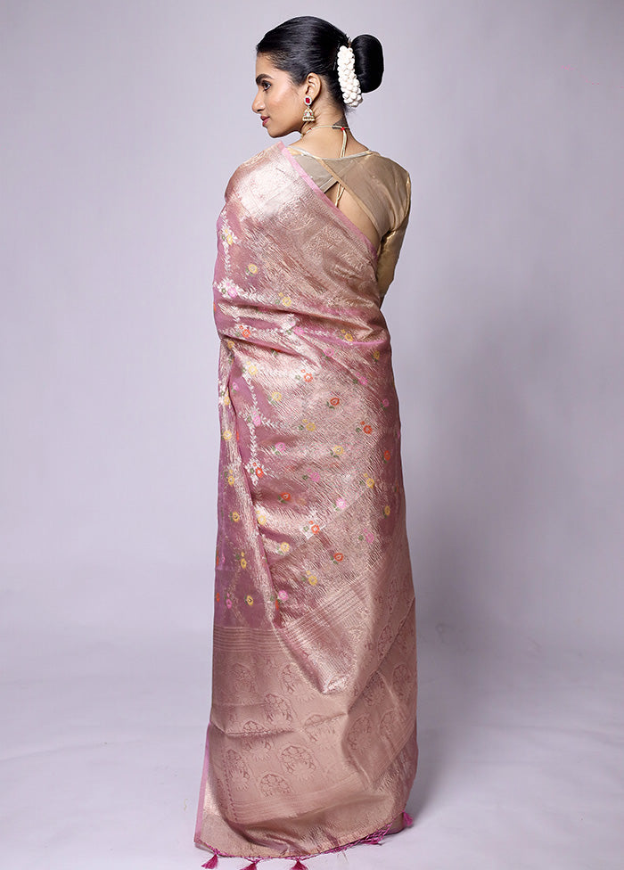 Pink Crushed Tissue Silk Saree With Blouse Piece