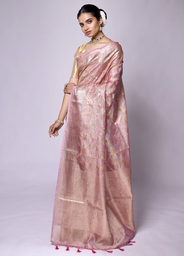 Pink Crushed Tissue Silk Saree With Blouse Piece